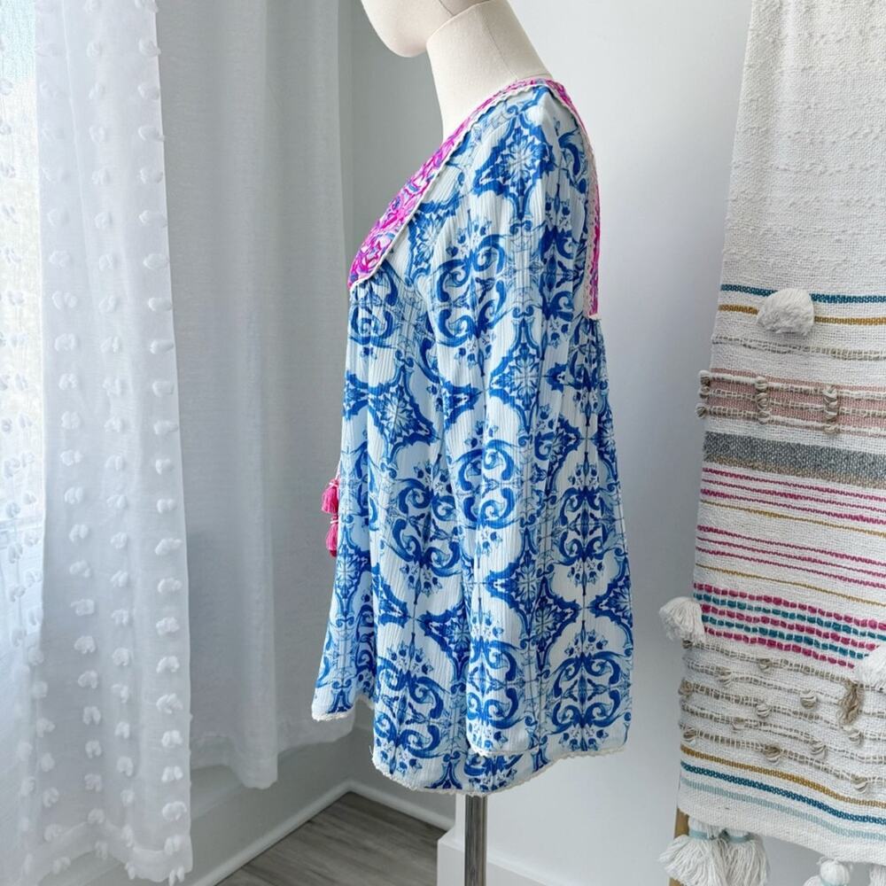 Hemant & Nandita Blue Pink Embroidered Beaded Tassel Tie Cape Top Women’s Small - Picture 4 of 11
